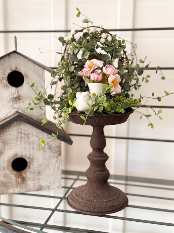 Flower Arrangement on White Washed Candlestick Pedestal with Peonies