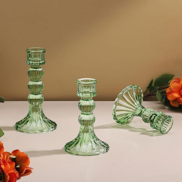 Fluted Glass Candle Holder Set Forest Green Vintage Inspired Glossy