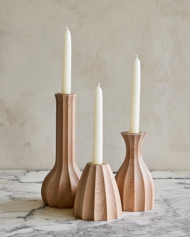 Fluted Wood Candle Holder Set Natural Trio Matte Scandinavian