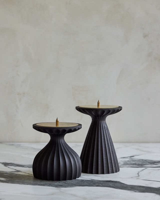 Fluted Wood Pillar Candle Holders Dark Wash Tiered Base Transitional