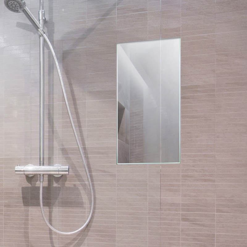 Fog-Free Shower Mirror, Square Shape for White Subway Tile Shower Design