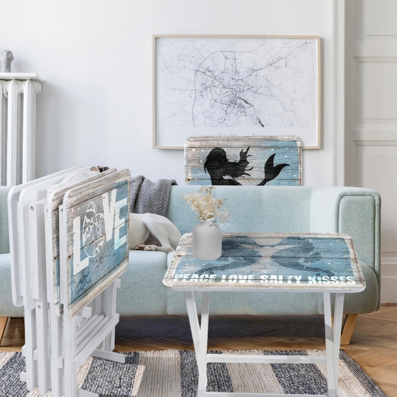 Folding TV Tray Set with Coastal Illustrations and Storage Stand