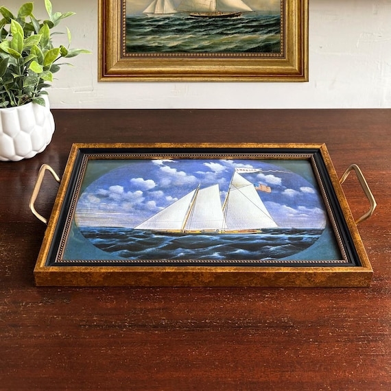 Folk Art Schooner America Print Tray Integrated Handles Coastal Decor