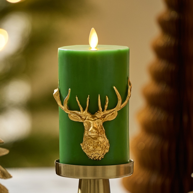 Forest Green Reindeer Candle Decor: Embossed Flameless Pillar