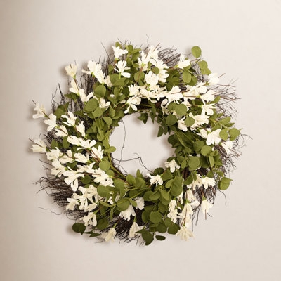 Forsythia Blossoms and Eucalyptus Leaves Floral Wreath for Spring Decor