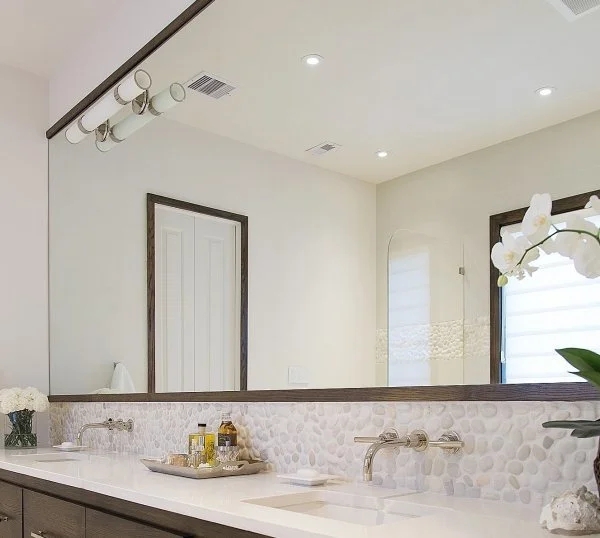 Frameless Horizontal Slab Mirror, Sleek Double Vanity Lighting Ideas