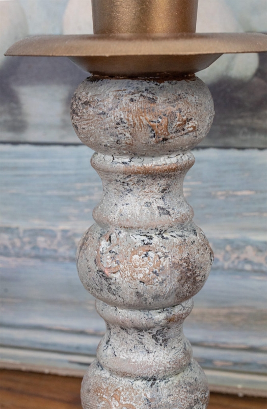 French Country Turned Taper Holders, Distressed Stone-Like Texture