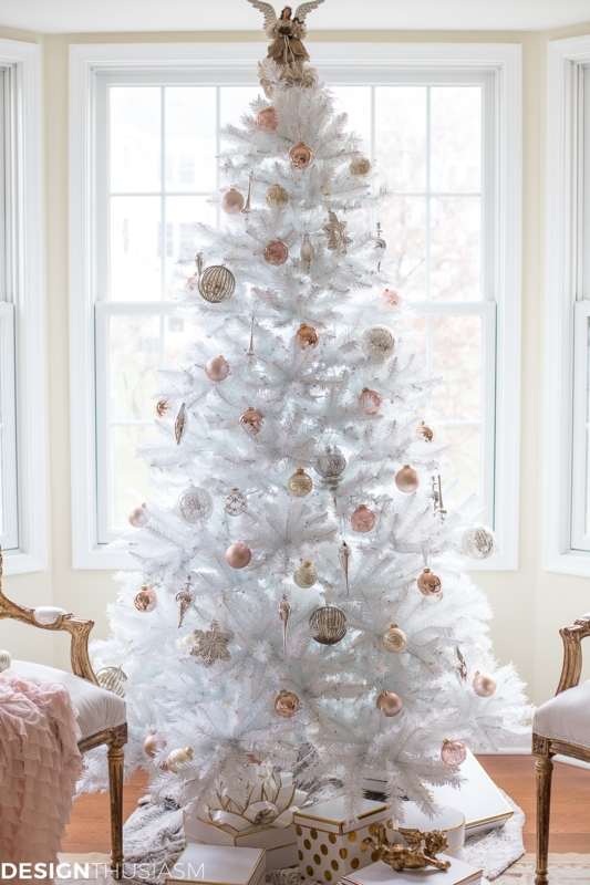 French Style Christmas Tree Decor with Pleated Floor Lamp and Seating
