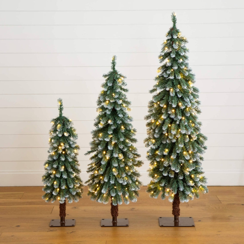 Frosted Christmas Tree Set: Slender Pre-Lit Trio for Cozy Mantel Decor.