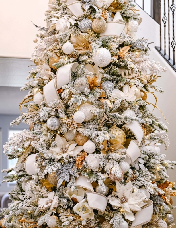 Frosted Christmas Tree with Metallic Ornaments and Organic Wood Bead Garland