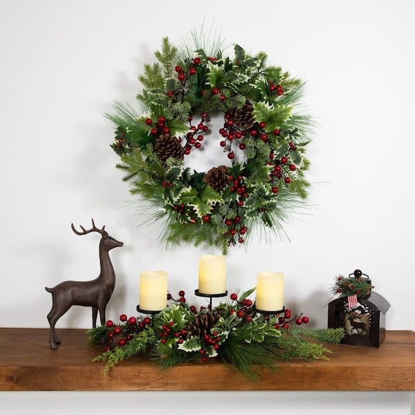 Frosted Christmas Wreath Thistle Pods Holly And Berries Accents