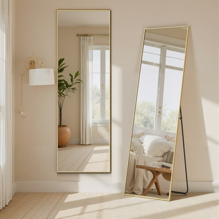 Full Length Floor Mirror, Polished Gold Thin Frame, Glam Style