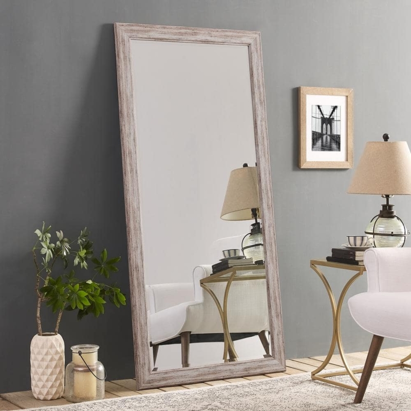 Full Length Floor Mirror, Whitewashed Rustic Wide Frame, Farmhouse Style