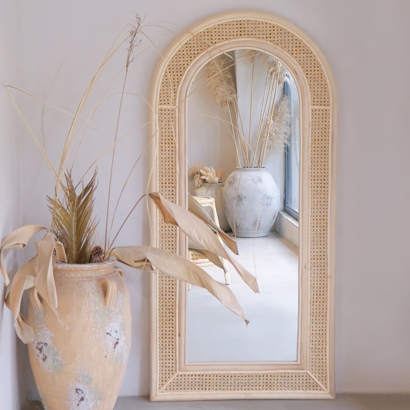 Full Length Floor Mirror with Arched Woven Panel and Light Wood Frame