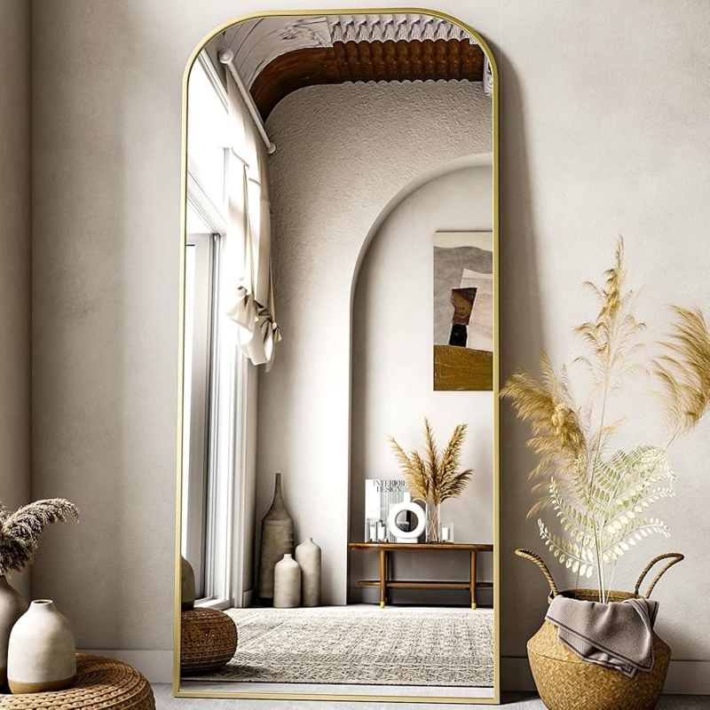 Full Length Mirror Arched Top Thin Gold Frame Freestanding Stand