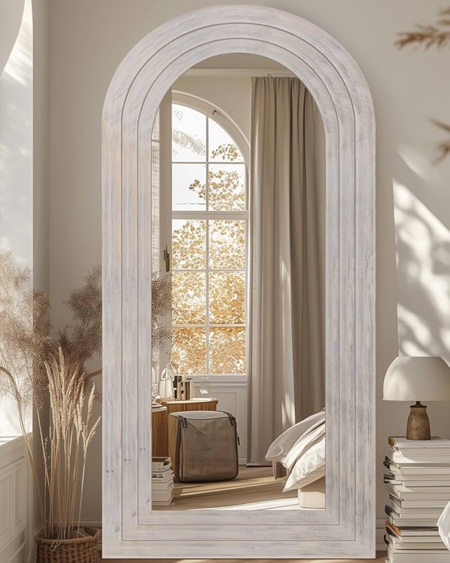 Full Length Mirror Arched Top Whitewashed Tiered Coastal Farmhouse