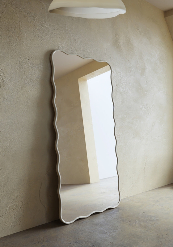 Full Length Mirror: Cream Scalloped Edge Wavy Leaning