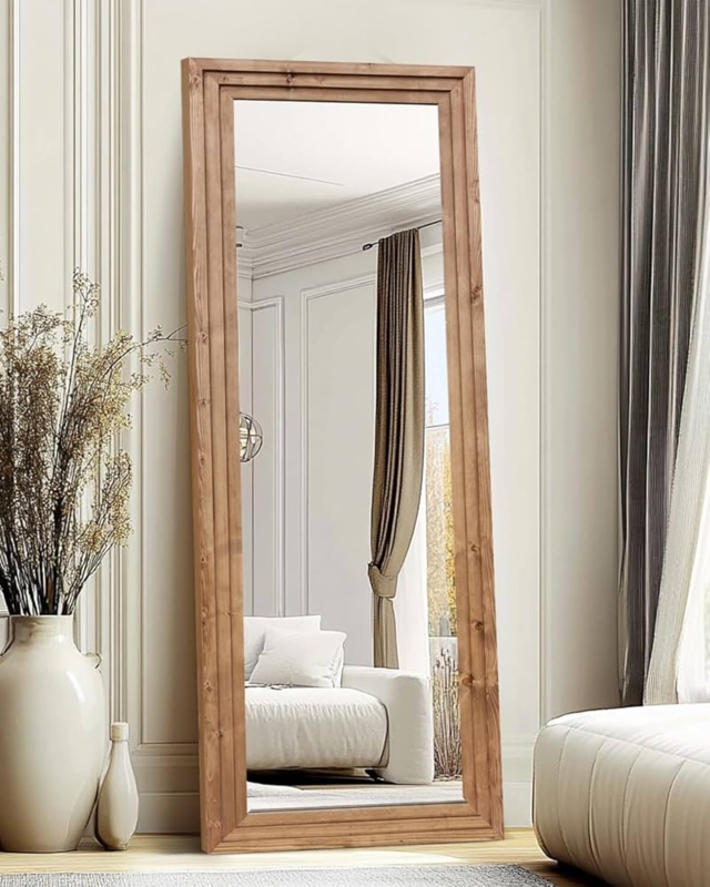 Full Length Mirror featuring Light Wood Arched Frame Design
