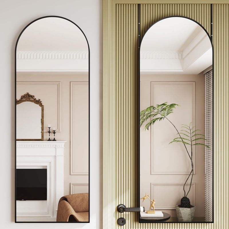 Full Length Mirror Over The Door Rounded Corners Slim Black Frame Compact
