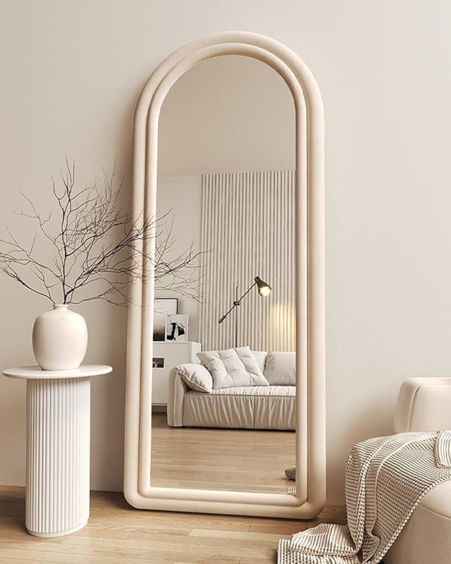 Full Length Mirror: Scalloped Upholstered Arched Stand