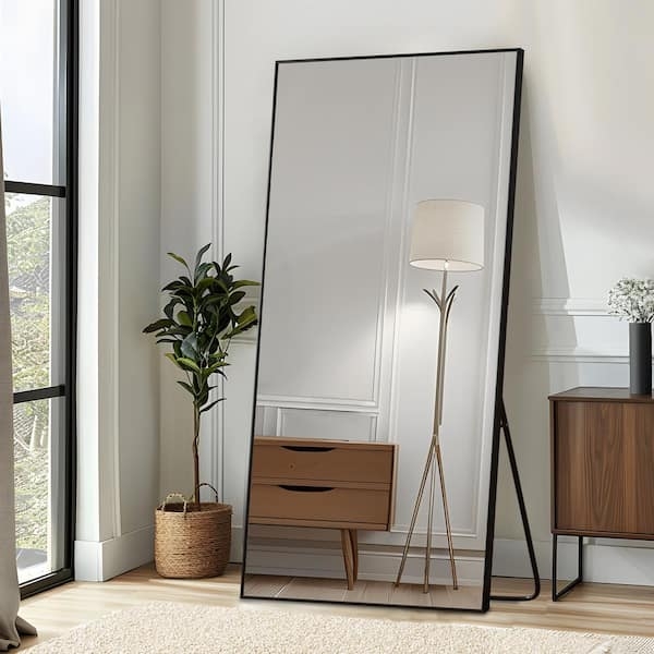Full Length Mirror Thin Black Frame Leaner Style, Minimalist Floor Decor