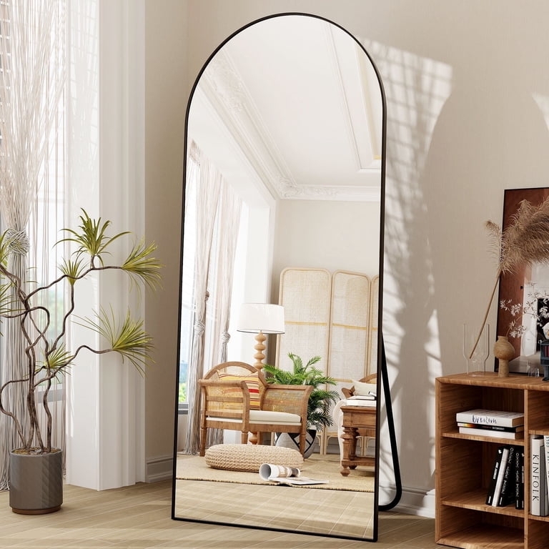 Full Length Mirror with Oversized Arched Top and Slim Black Frame