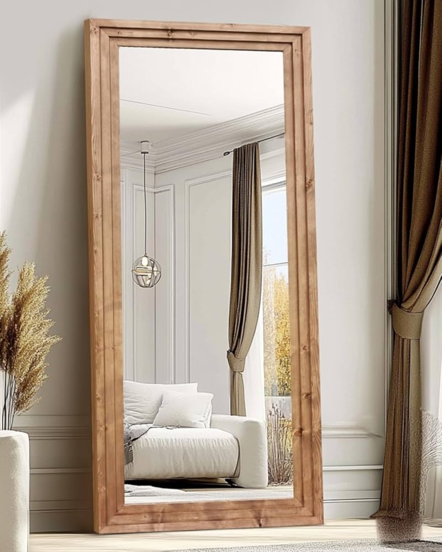 Full Length Mirror with Rounded Corners and Light Wood Frame Leaning