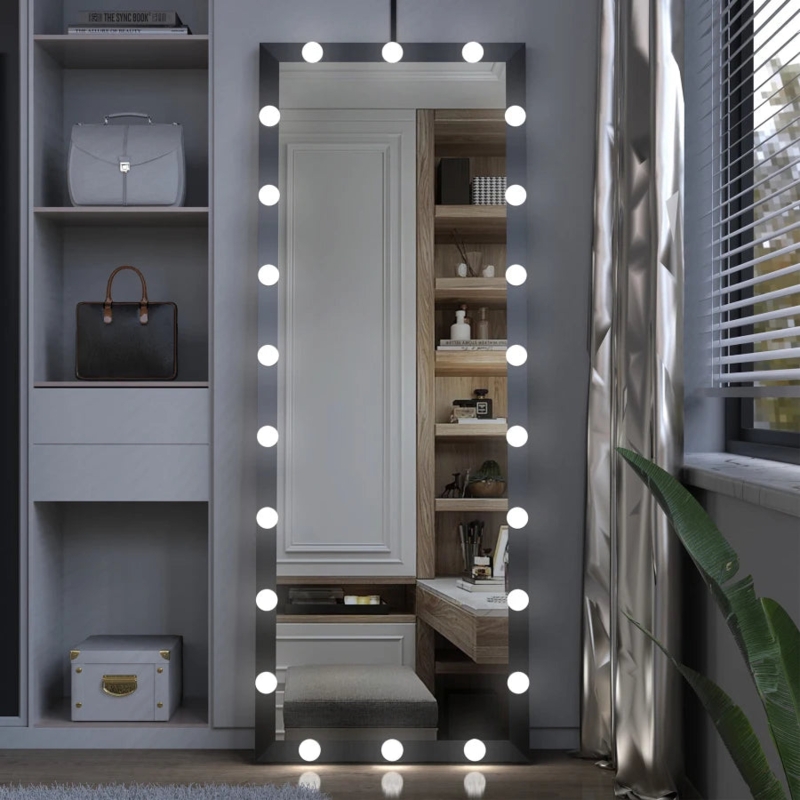 Full Length Vanity Mirror White Frame Integrated Spherical Bulbs