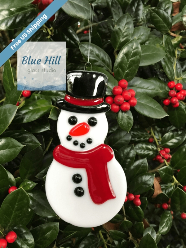 Fused Glass Snowman Ornament, Translucent with Blue Hat and Scarf