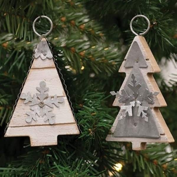 Galvanized Metal Tree Ornament Corrugated Texture Jute Loop Rustic