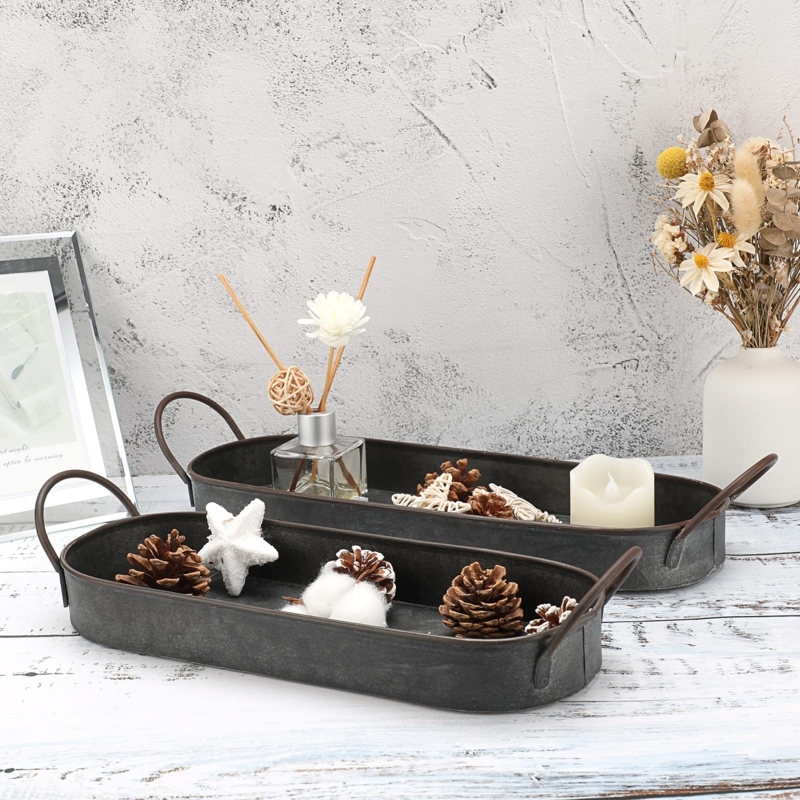 Galvanized Serving Tray Set Oval Nested Design Farmhouse Metal Centerpiece