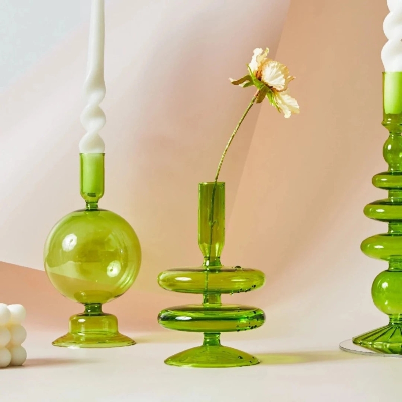 Geometric Glass Candlestick Holders Dual Purpose Bud Vase Set Fluted