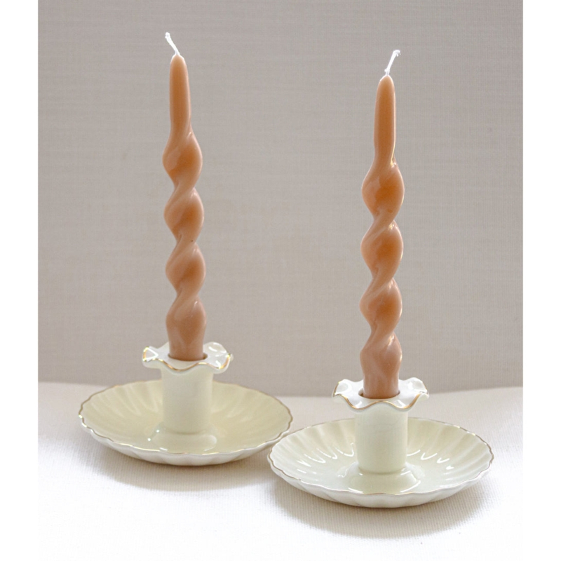 Gilded Edge Candle Holder Pair, Cream Ceramic Petal Base Elegant