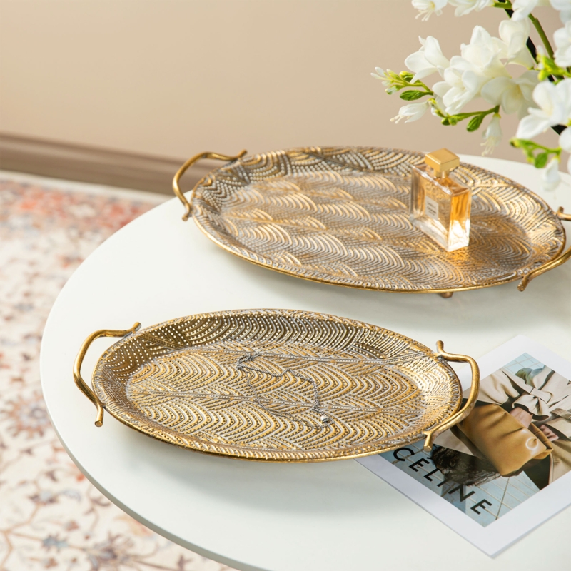 Glam Mirrored Tray Set Oval with Metal Trellis Sides