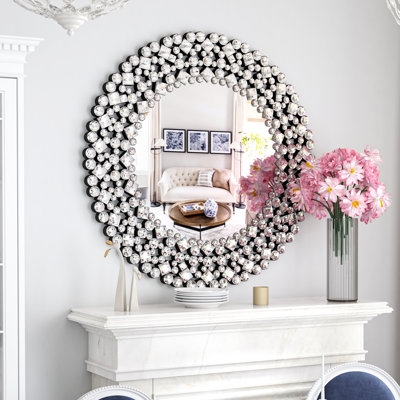 Glam Sunburst Wall Mirror with polished silver frame and crystals
