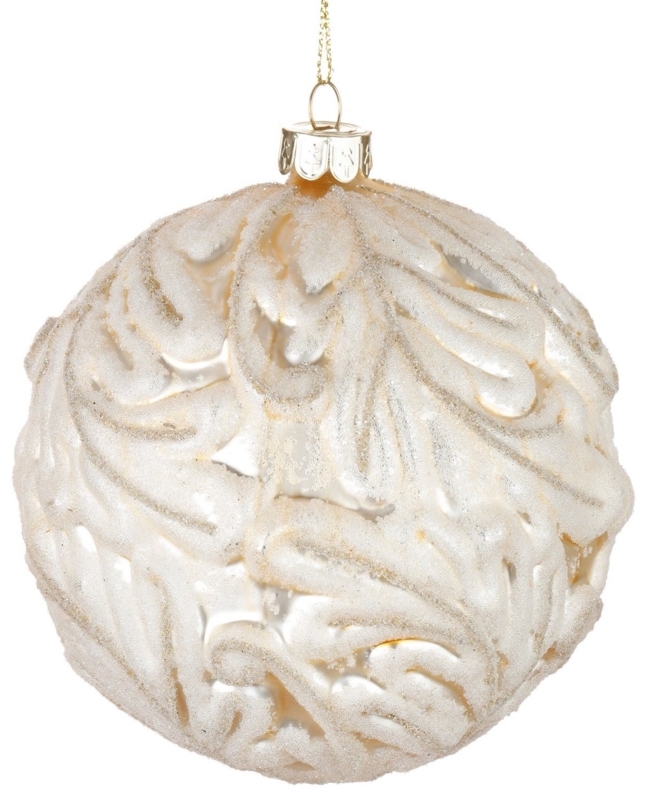 Glass Ball Ornament Acanthus Leaf Motif Glittery Gold Traditional Decor