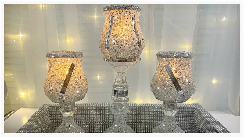 Glass Candle Holder Trio Clear Cylinder Crushed Texture Base Glittery