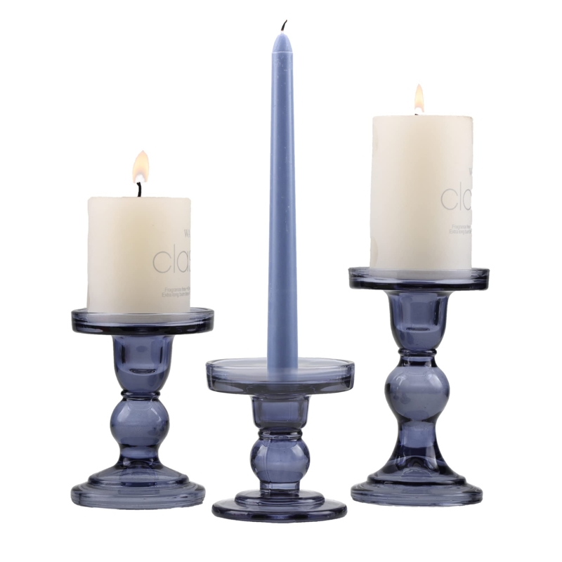 Glass Candlestick Set Clear and Blue Pedestal Holders Varied Heights