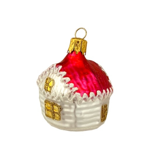 Glass Christmas Ornament Hand Painted Red Roof Cottage Vintage