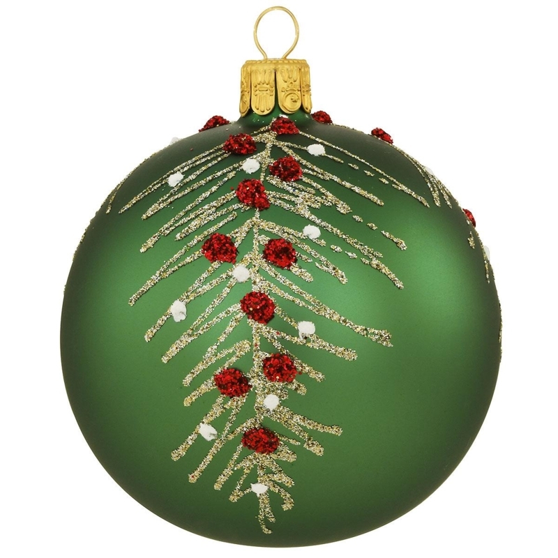 Glass Christmas Ornament: Translucent Ball, Gold Glitter Branches Motif