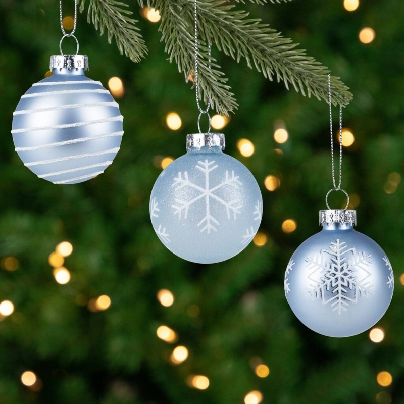 Glass Christmas Ornaments Light Blue Glitter Matte Mixed Textures Set