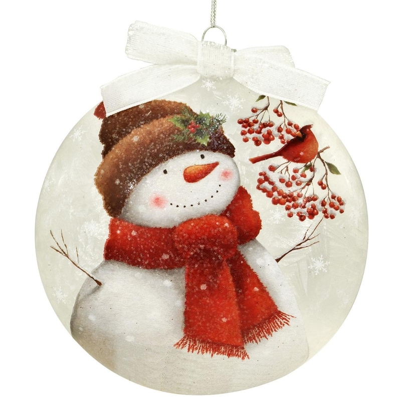 Glass Disc Ornament, Beaded Snowman and Cardinal Motif