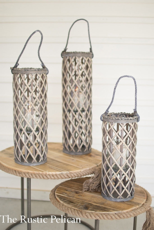 Glass Lantern Set Rattan Wrap Rope Handle Coastal Farmhouse