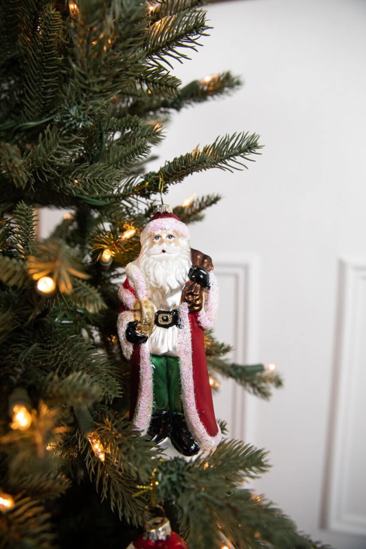 Glass Santa Ornament Metallic Red Finish Glittery Beard Detail