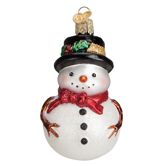 Glass Snowman Ornament, Glittery Scarf and Holly Hat Detail
