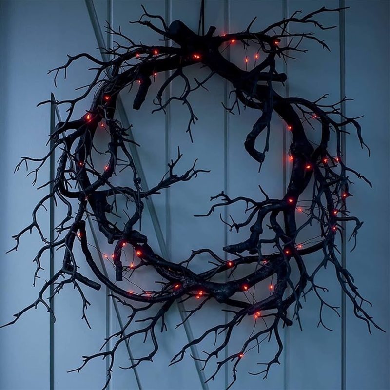 Glitter Black Twig Wreath: Spindly Texture with Integrated Orange LEDs
