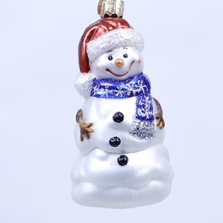 Glittery Snowman Ornament, Holding Miniature Tree, Red Striped Scarf