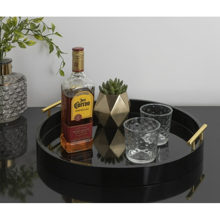 Glossy Black Round Decorative Tray Gold Metal Handles Glam