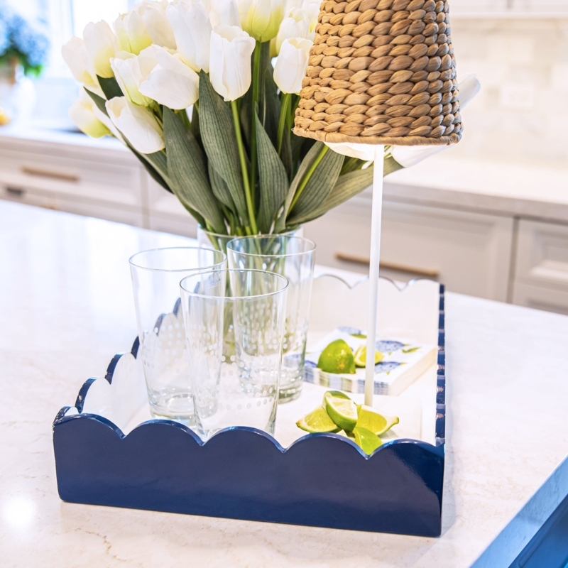 Glossy Lacquer Decorative Tray, Navy Blue with White Scalloped Edge