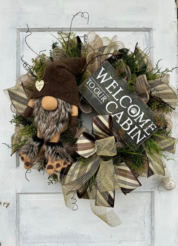 Gnome Welcome Wreath with Burlap Ribbon and Woodland Accents